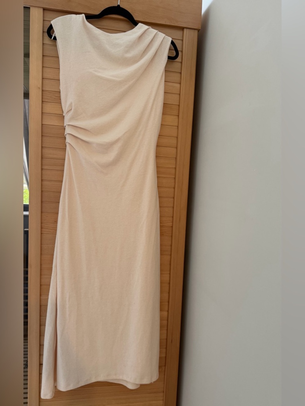 Astr Strapless Cream Midi Dress with Side Ruched Detail